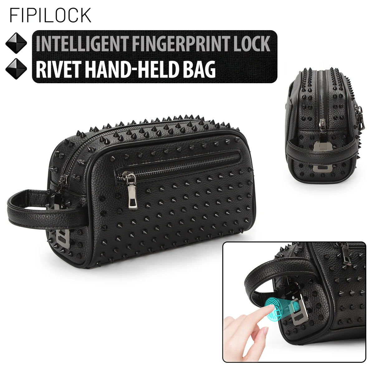 Studded Rivet Clutch Bag Handsbag with Fingerprint Unlock Anti-Thef Waist Strap Wallet High Quality Leather Men'S Bag
