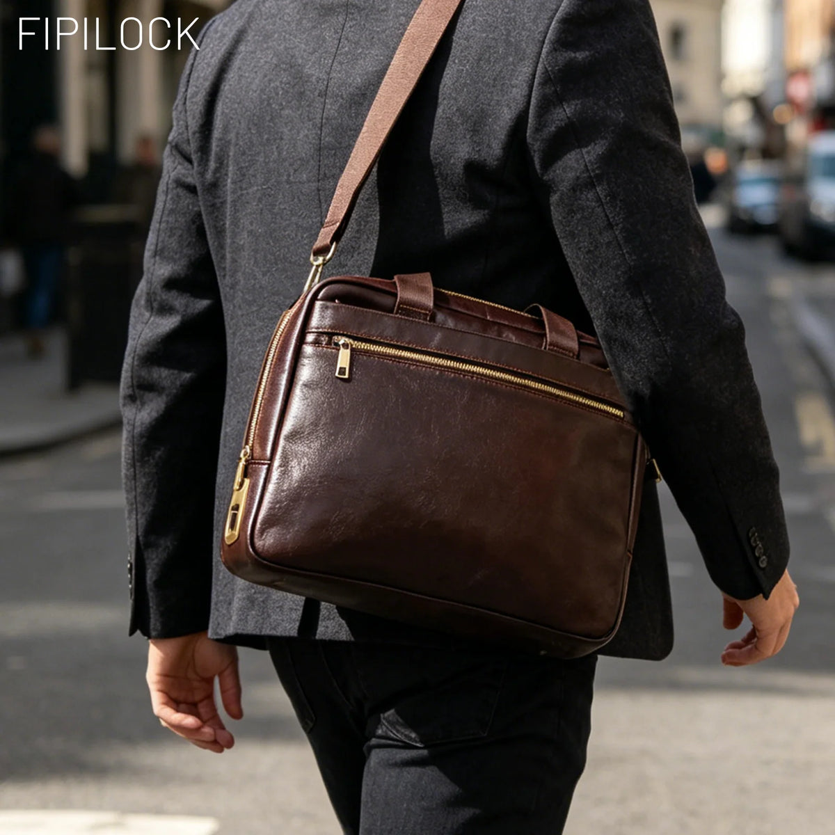 FIPILOCK Laptop Bag Leather for Man Genuine Leather Briefcases Hard for Men Luxury Handbags with Smart Fingerprint Unlock