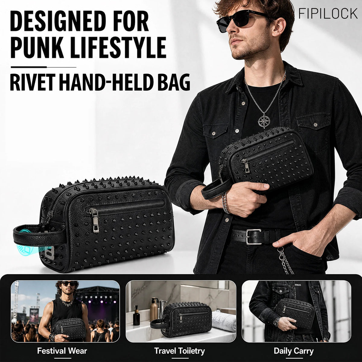 Studded Rivet Clutch Bag Handsbag with Fingerprint Unlock Anti-Thef Waist Strap Wallet High Quality Leather Men'S Bag