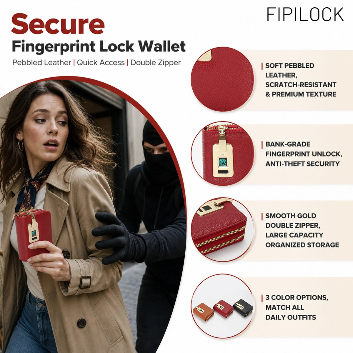 Wallet Card for Women and Men with Smart Fingerprint Unlock Anti-Theft and Anti-Burglary Coin Purse Tote Bag Closure Wi