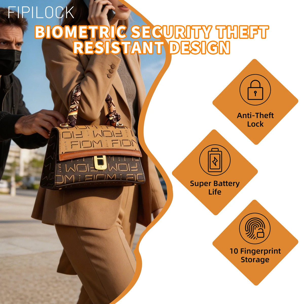 FIPILOCK Luxury Women Clutch Bags Crossbody Shoulder with Smart Fingerprint Unlock Purses Handbag Women Clutch Travel Tote Bag