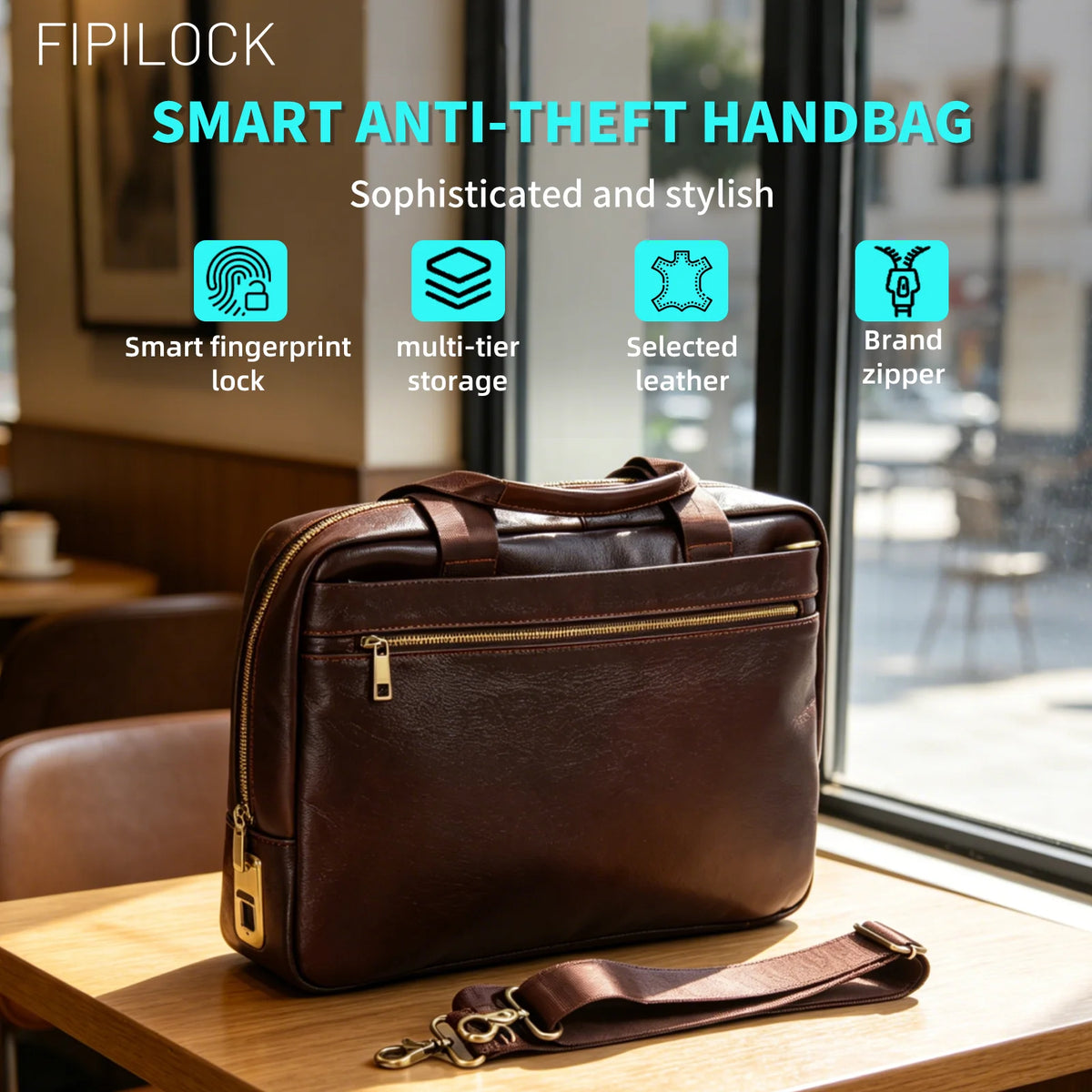 FIPILOCK Laptop Bag Leather for Man Genuine Leather Briefcases Hard for Men Luxury Handbags with Smart Fingerprint Unlock