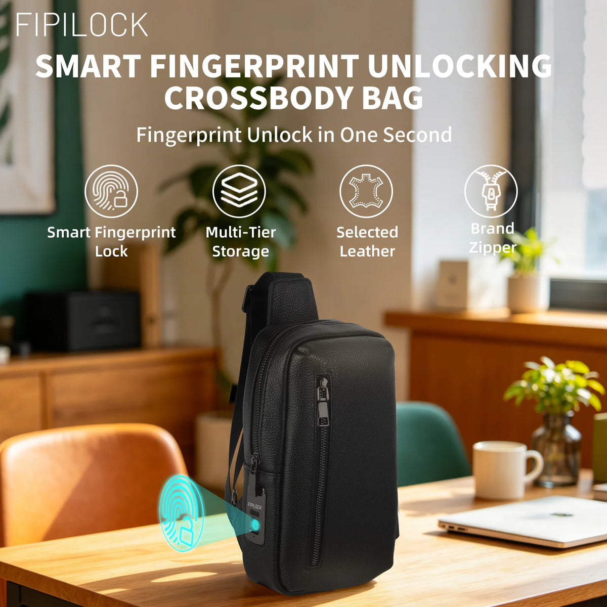 Shoulder Bag for Men and Women with Smart Fingerprint Unlock Suitable for Business Travel and Work Pu Solid Color Crossbody Bag.