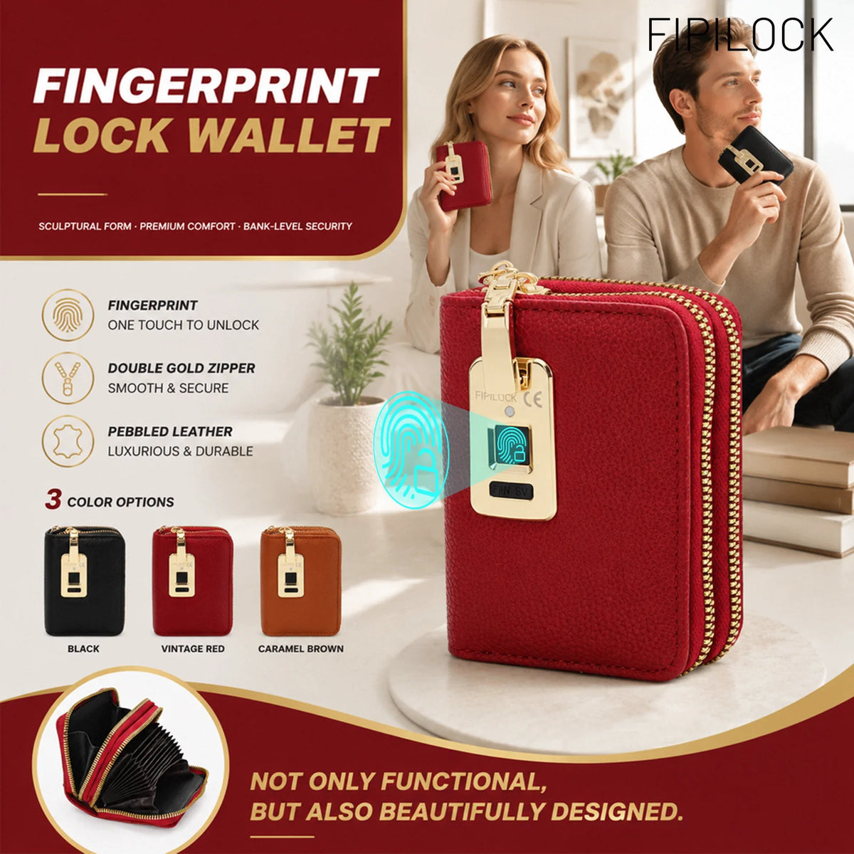 Wallet Card for Women and Men with Smart Fingerprint Unlock Anti-Theft and Anti-Burglary Coin Purse Tote Bag Closure Wi