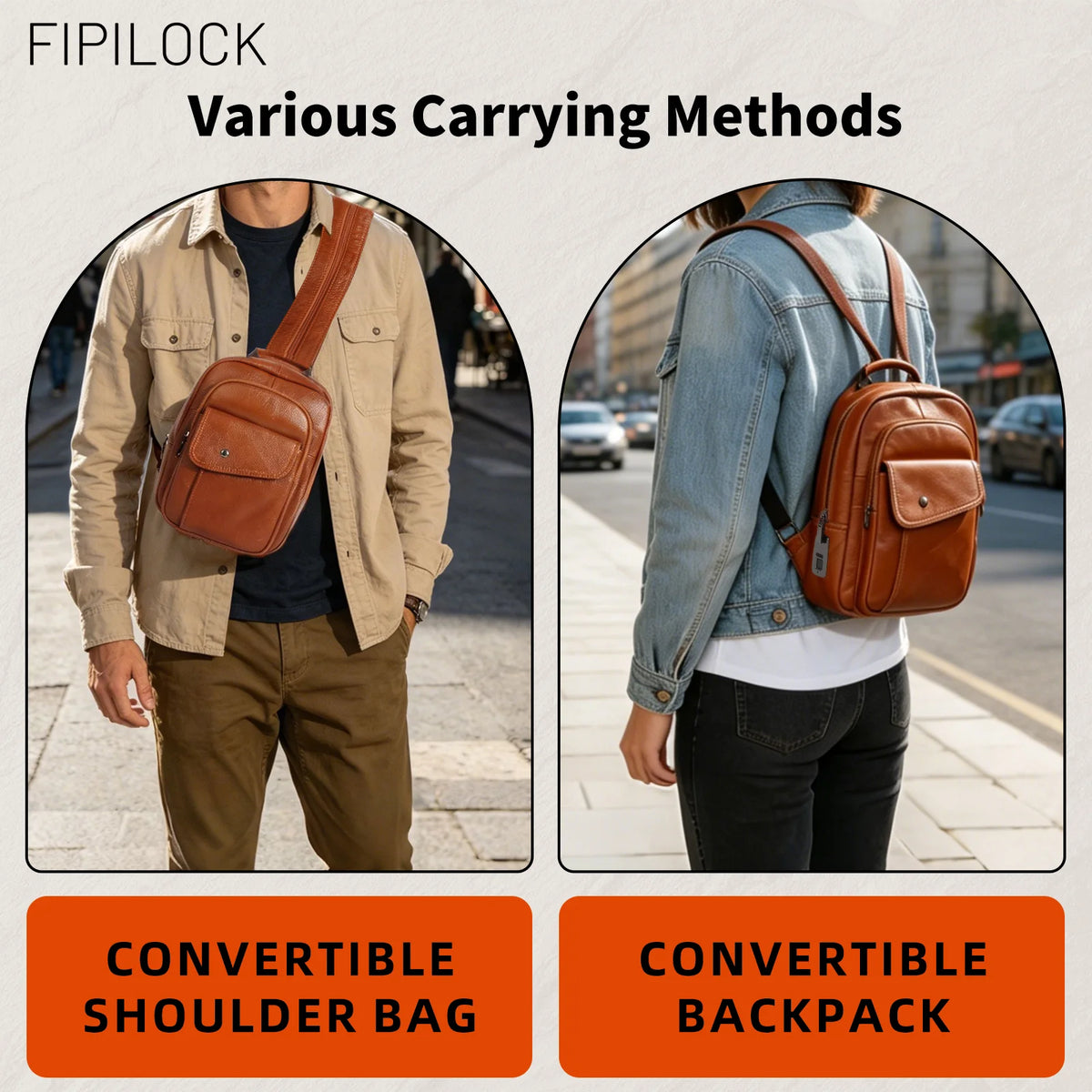 Crossbody Bag Backpack Laptop 2In1 for Women and Men High Quality Genuine Leather with Smart Fingerprint Unlock Fishing