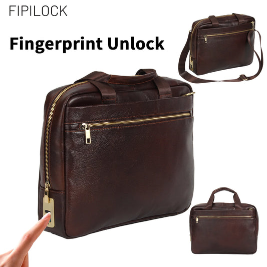 FIPILOCK Laptop Bag Leather for Man Genuine Leather Briefcases Hard for Men Luxury Handbags with Smart Fingerprint Unlock