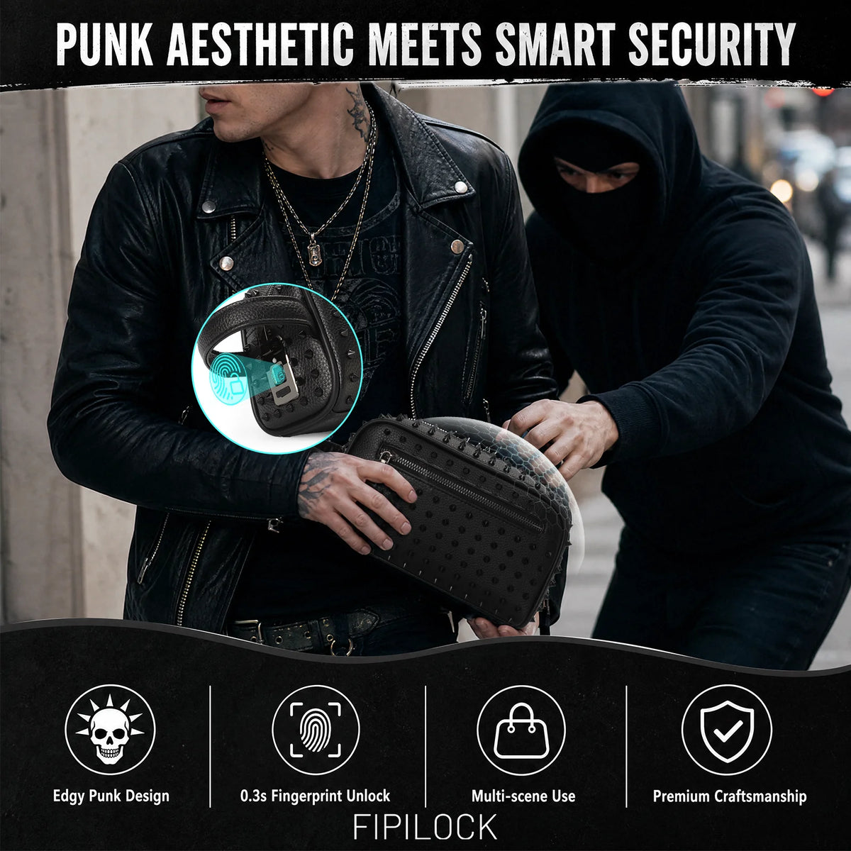 Studded Rivet Clutch Bag Handsbag with Fingerprint Unlock Anti-Thef Waist Strap Wallet High Quality Leather Men'S Bag