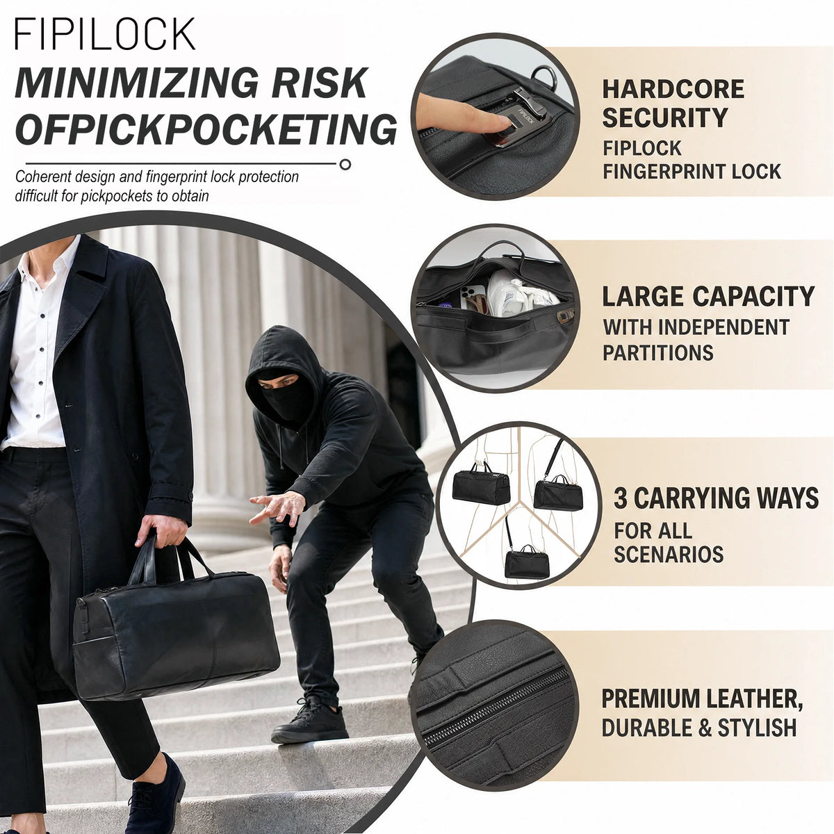 Handbag Genuine Leather Travel Bag Gym Bag Crossbody with Smart Fingerprint Unlock Men'S Luggage Bags Large Duffle Bag