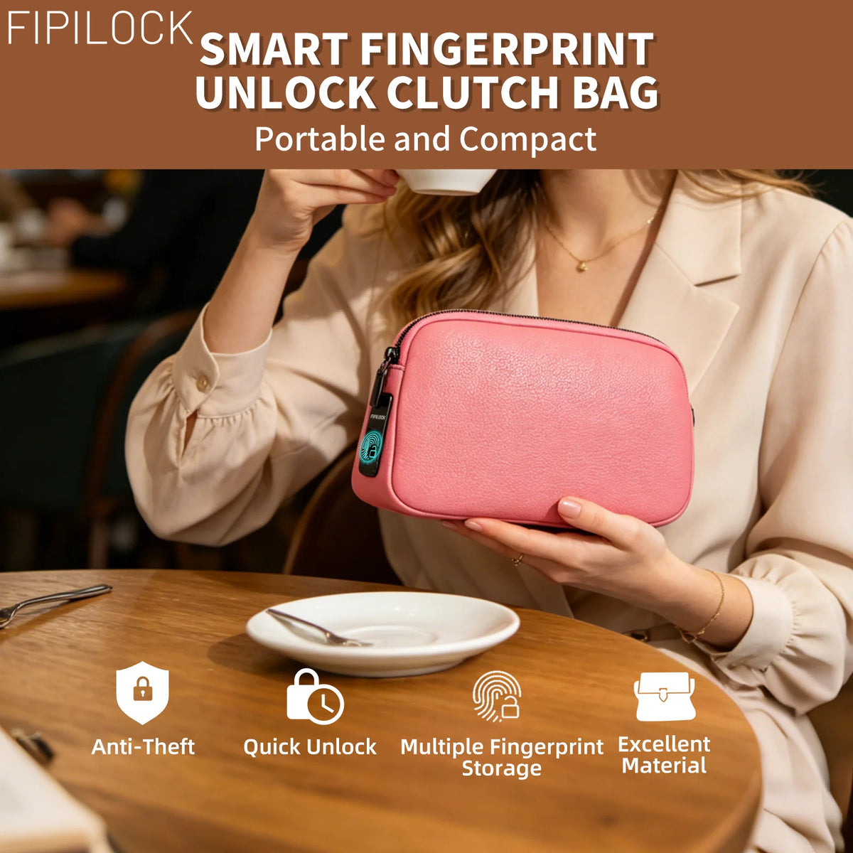 FIPILOCK Handbags Woman Clutch Crossbody Bag for Woman Men with Smart Fingerprint Unlock Luxury High End Party Clutch Handbag