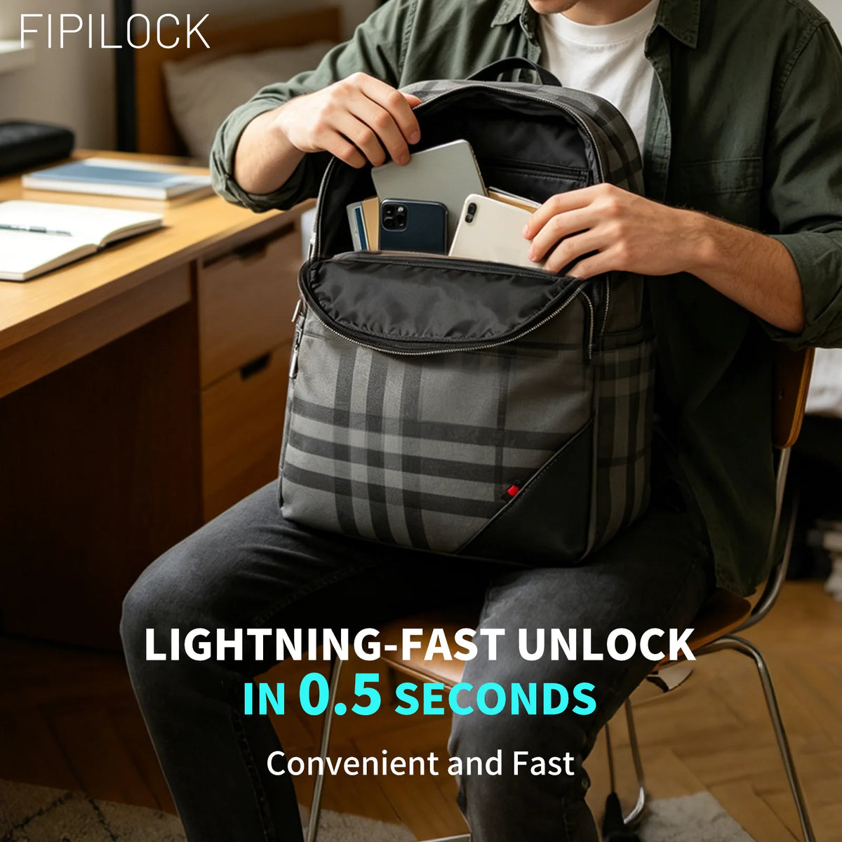 FIPILOCK Backpack Bag for Men Woman Laptop Bag Business with Smart Fingerprint Unlock Travel Bag Thigh-Quality Computer Bag