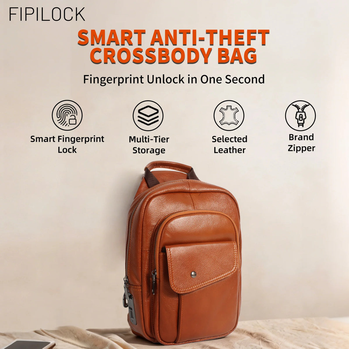 Crossbody Bag Backpack Laptop 2In1 for Women and Men High Quality Genuine Leather with Smart Fingerprint Unlock Fishing