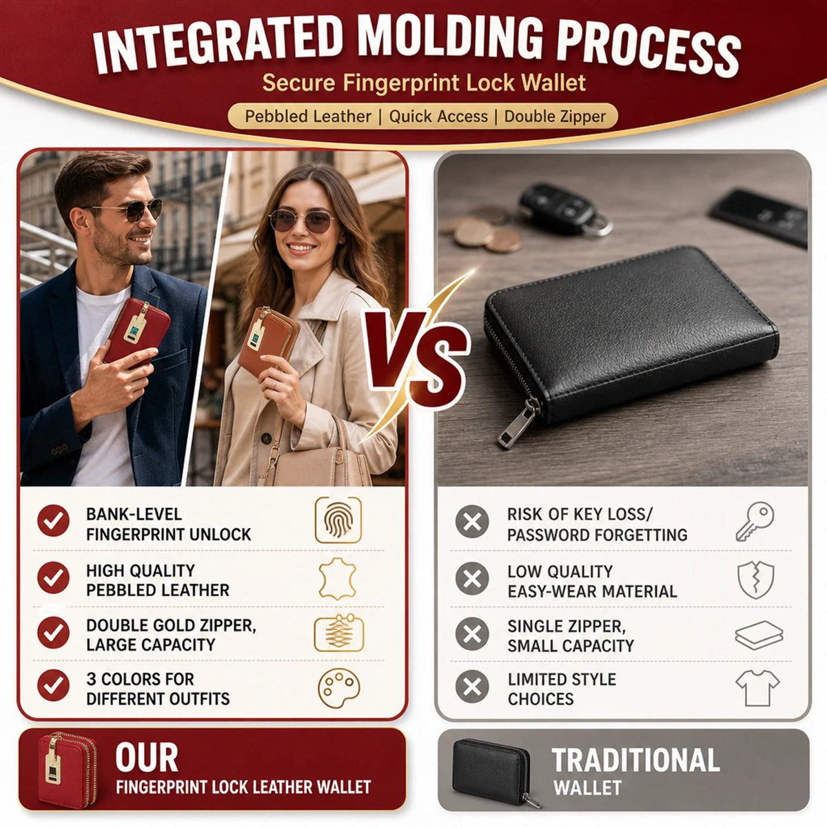 Wallet Card for Women and Men with Smart Fingerprint Unlock Anti-Theft and Anti-Burglary Coin Purse Tote Bag Closure Wi