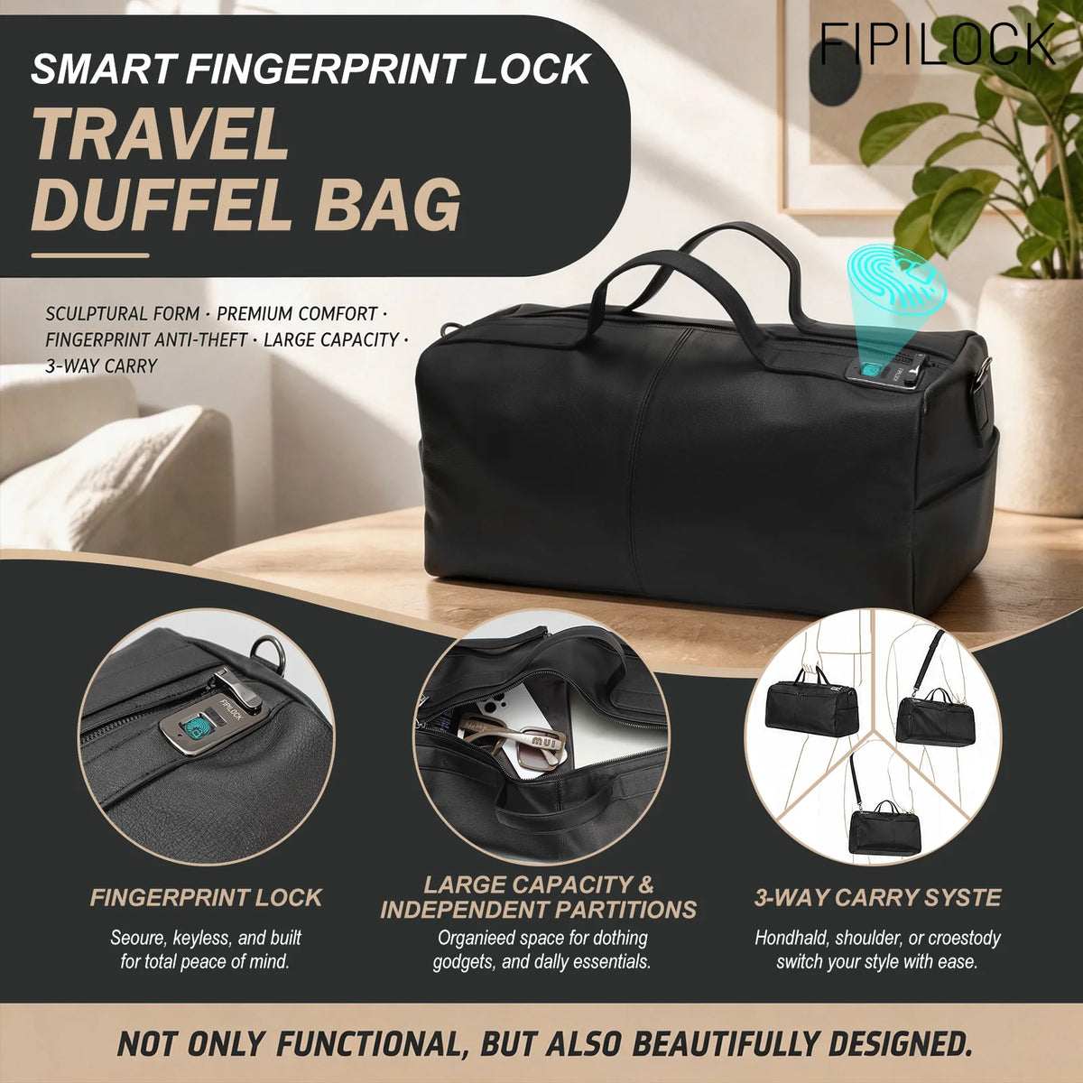 Handbag Genuine Leather Travel Bag Gym Bag Crossbody with Smart Fingerprint Unlock Men'S Luggage Bags Large Duffle Bag