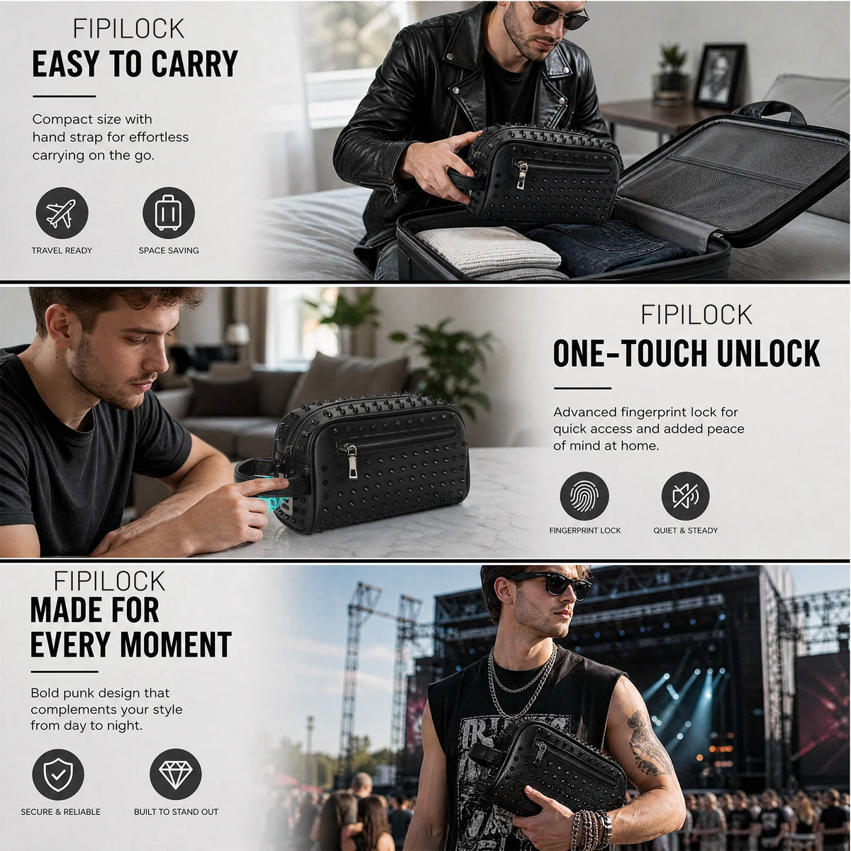 Studded Rivet Clutch Bag Handsbag with Fingerprint Unlock Anti-Thef Waist Strap Wallet High Quality Leather Men'S Bag