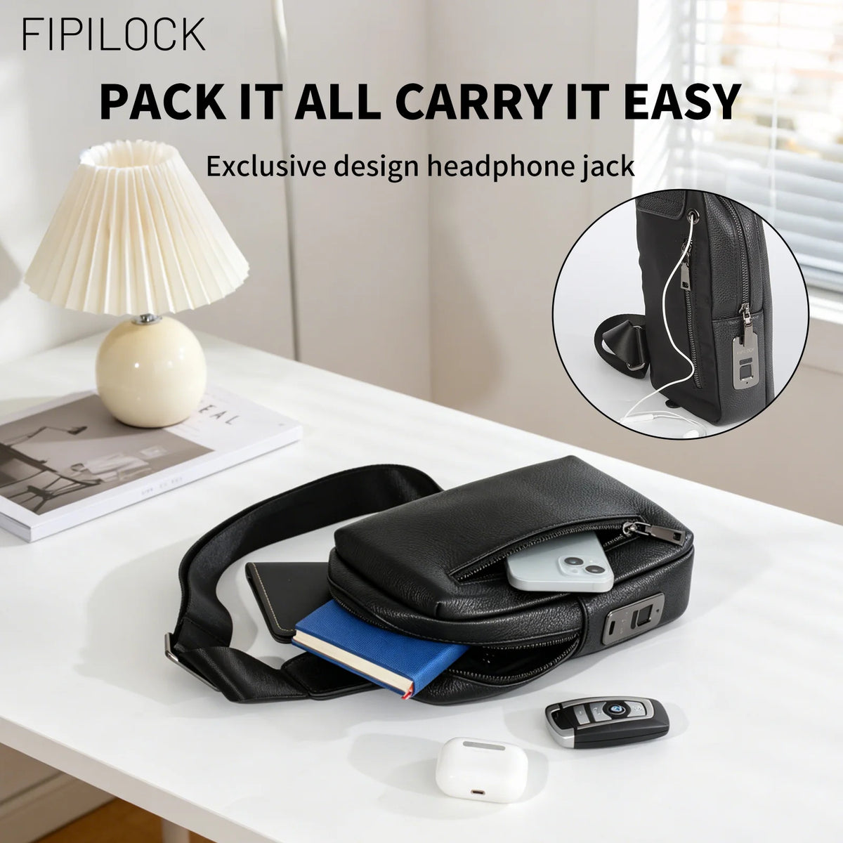 Shoulder Bag for Men and Women with Smart Fingerprint Unlock Suitable for Business Travel and Work Pu Solid Color Crossbody Bag.