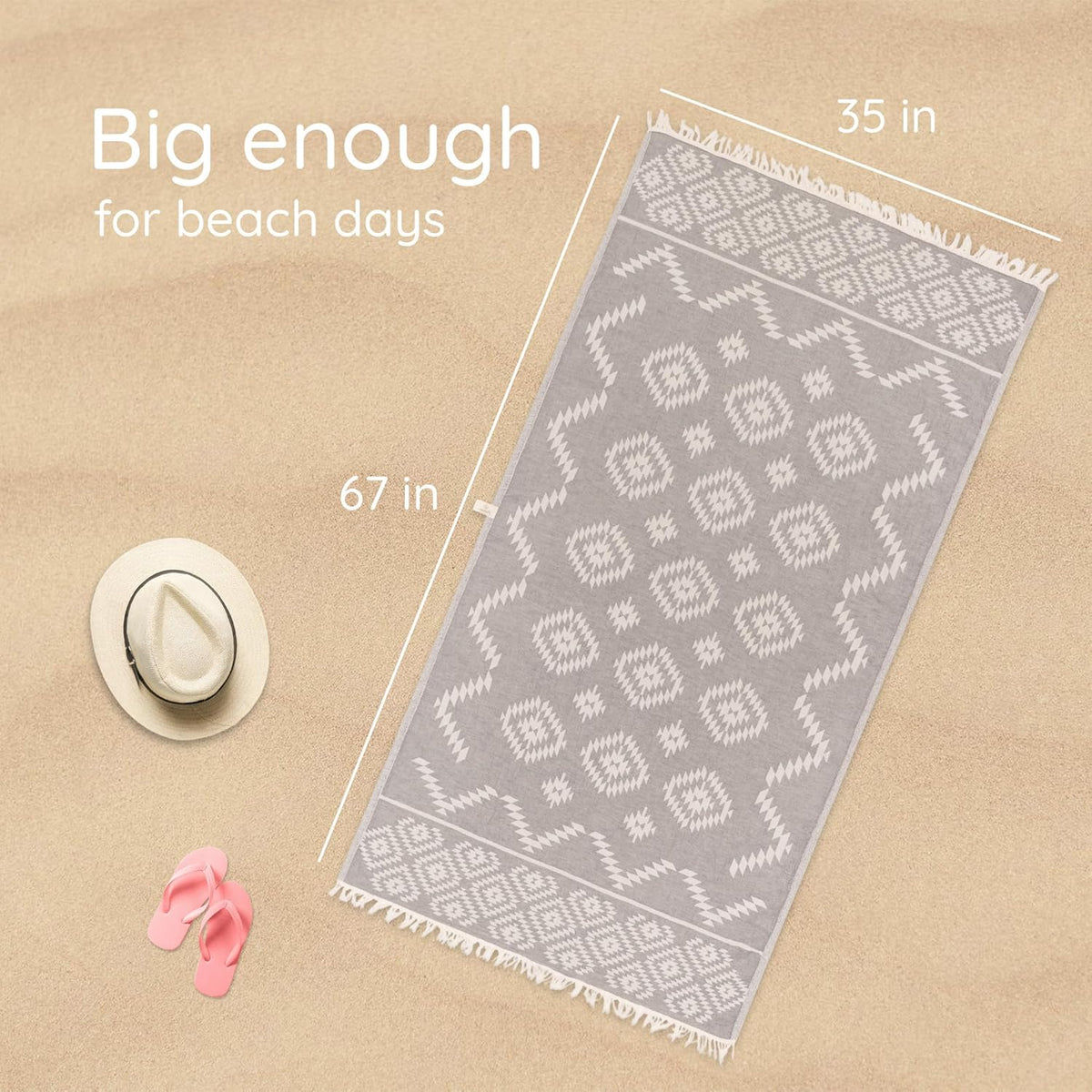 Premium Turkish Beach Towel – 35"X67" Lightweight Quick Dry Towel – 100% Cotton Sand-Free Turkish Towels – Vintage Dark Grey