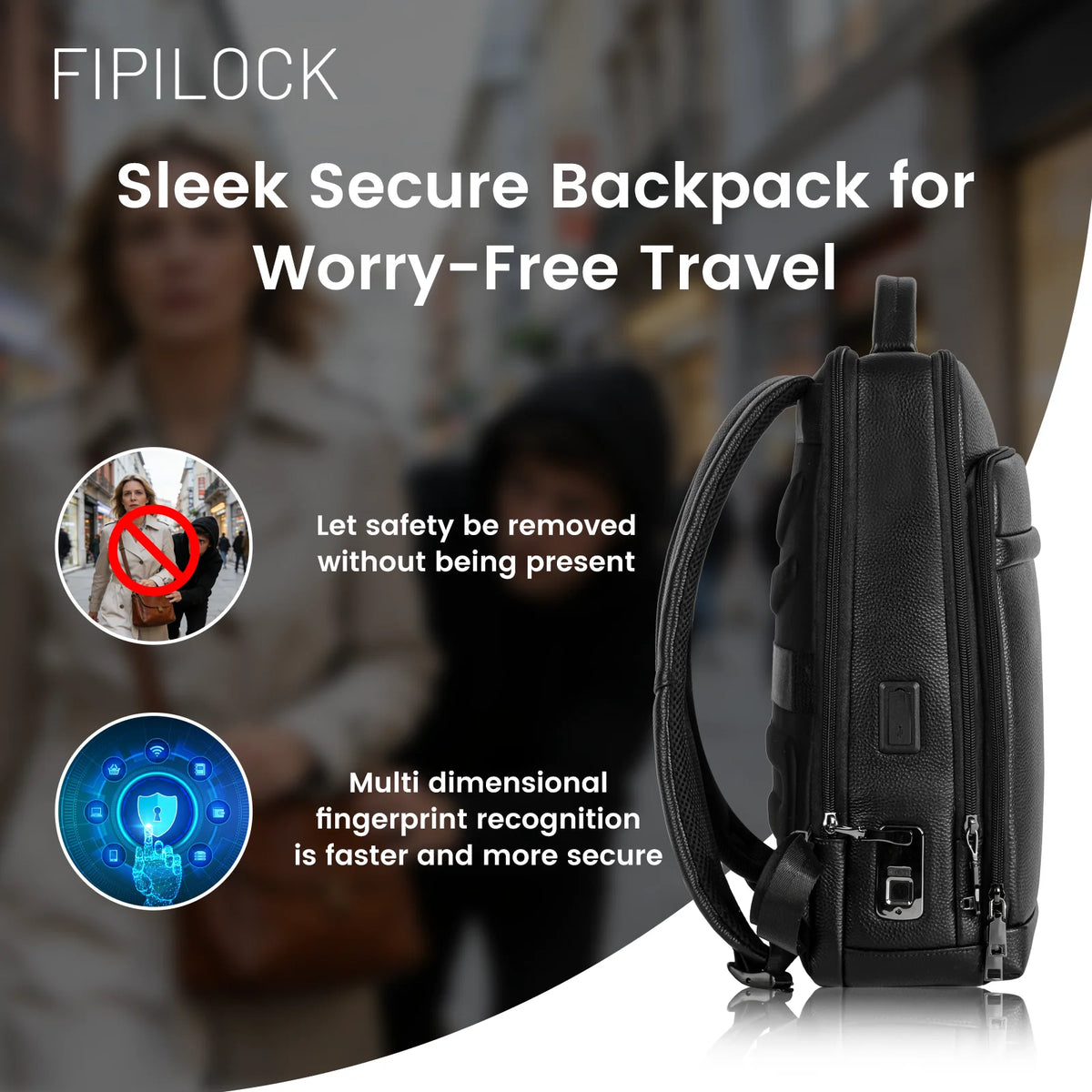 FIPILOCK Laptop Backpack 17.3 Inch with Smart Fingerprint Unlock Large Capacity Travelling Waterproof Laptop Bag Men'S Backpack
