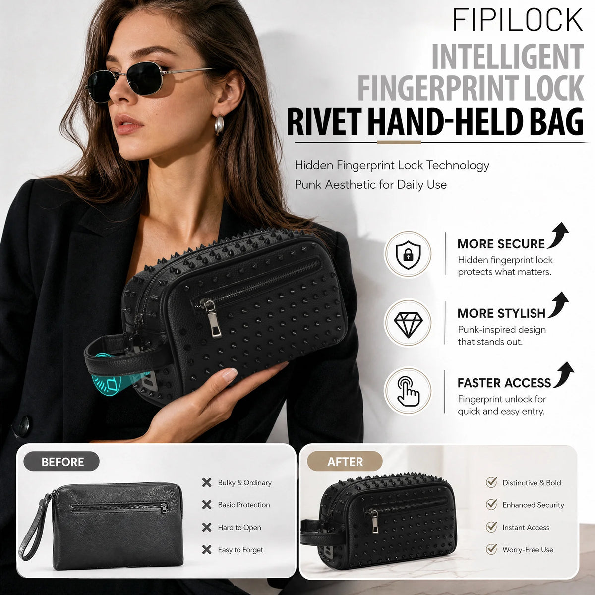 Studded Rivet Clutch Bag Handsbag with Fingerprint Unlock Anti-Thef Waist Strap Wallet High Quality Leather Men'S Bag
