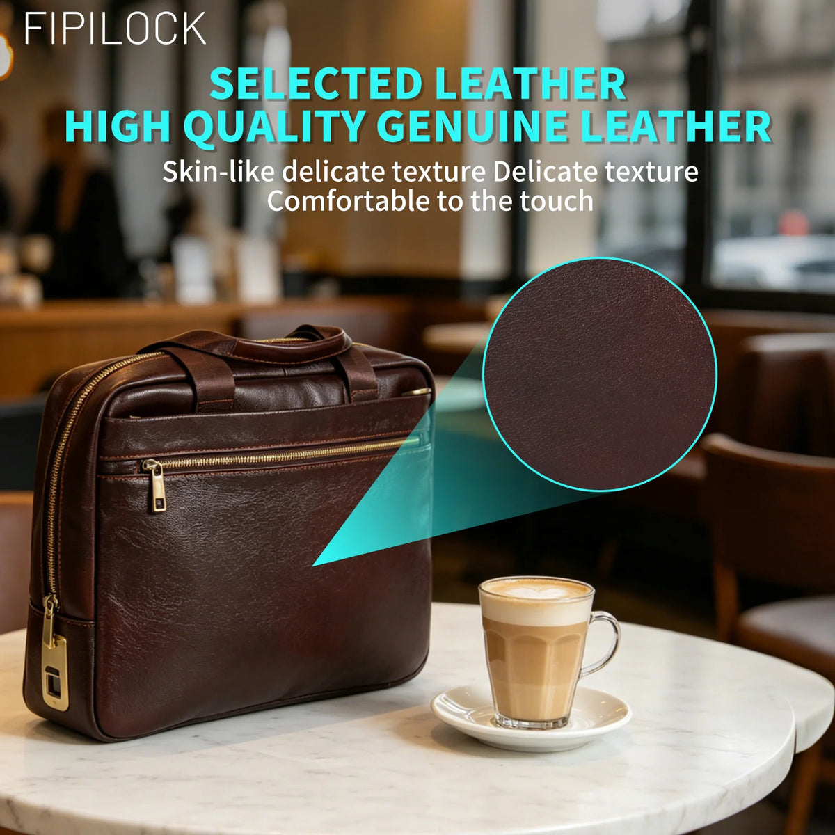 FIPILOCK Laptop Bag Leather for Man Genuine Leather Briefcases Hard for Men Luxury Handbags with Smart Fingerprint Unlock