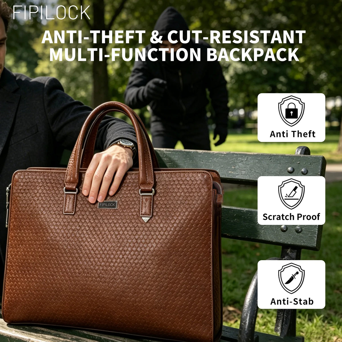 FIPILOCK Laptop Bag Leather Briefcases Hard for Men Luxury Handbags with Smart Fingerprint Unlocoffice Bussiness Computer Bag