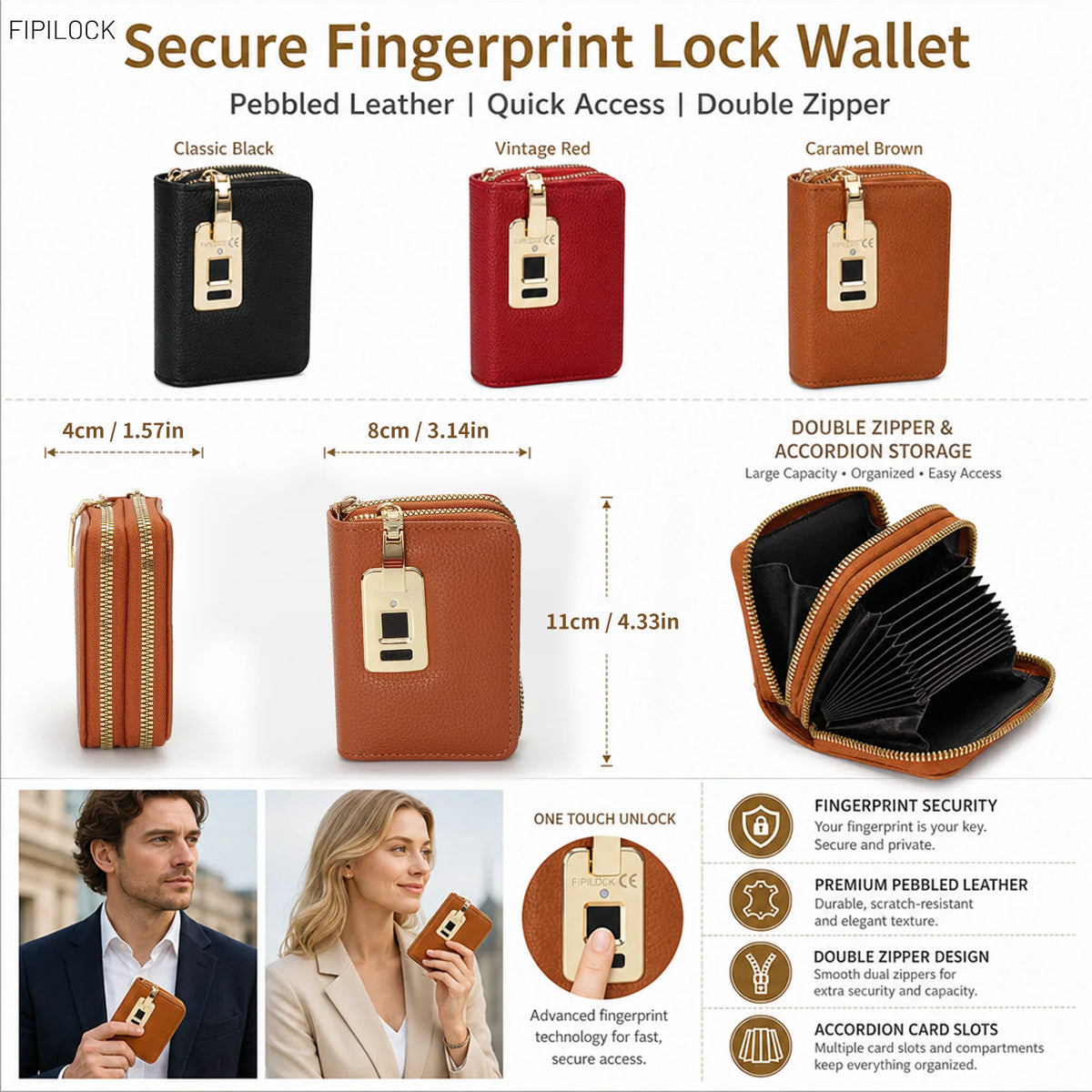 Wallet Card for Women and Men with Smart Fingerprint Unlock Anti-Theft and Anti-Burglary Coin Purse Tote Bag Closure Wi