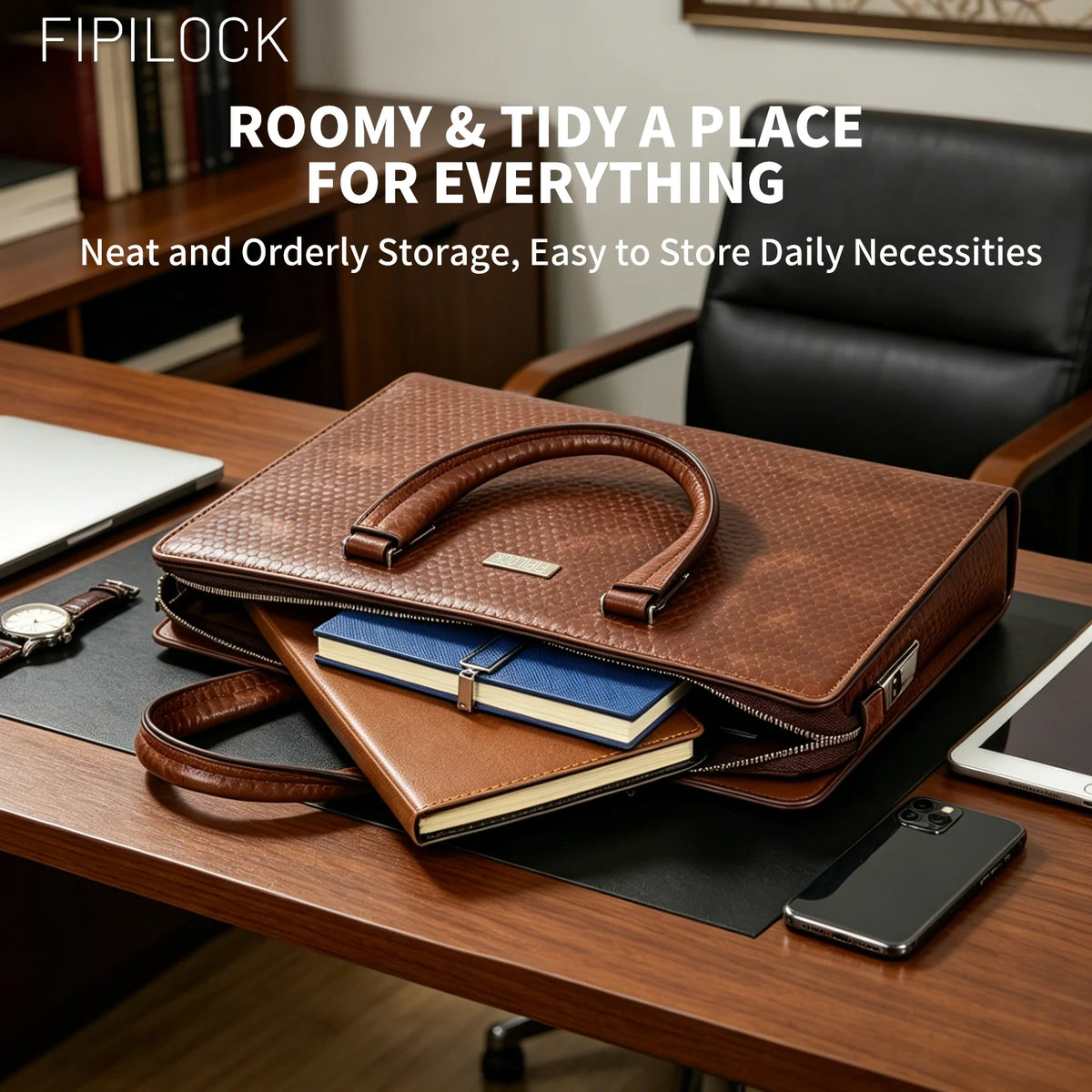 FIPILOCK Laptop Bag Leather Briefcases Hard for Men Luxury Handbags with Smart Fingerprint Unlocoffice Bussiness Computer Bag
