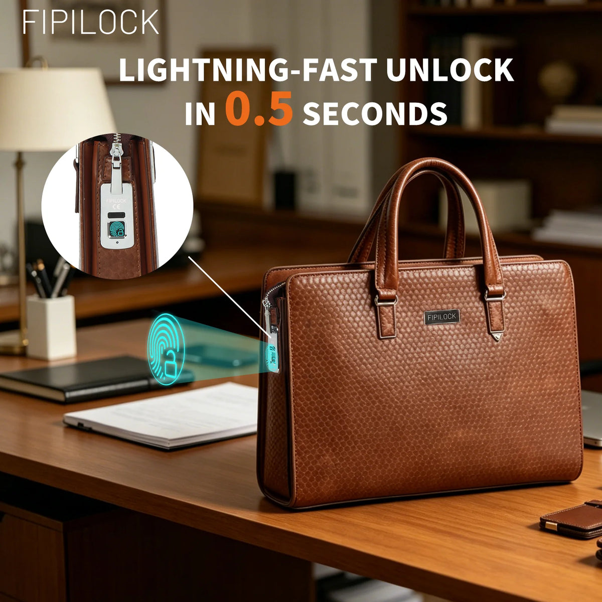FIPILOCK Laptop Bag Leather Briefcases Hard for Men Luxury Handbags with Smart Fingerprint Unlocoffice Bussiness Computer Bag